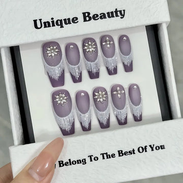 Qfdian 10pcs Luxury Handmade Long Oval False Nail Glitter Cat Eye French Press On Nails Shiny Rhinestone Decor Wearable Fake Nail